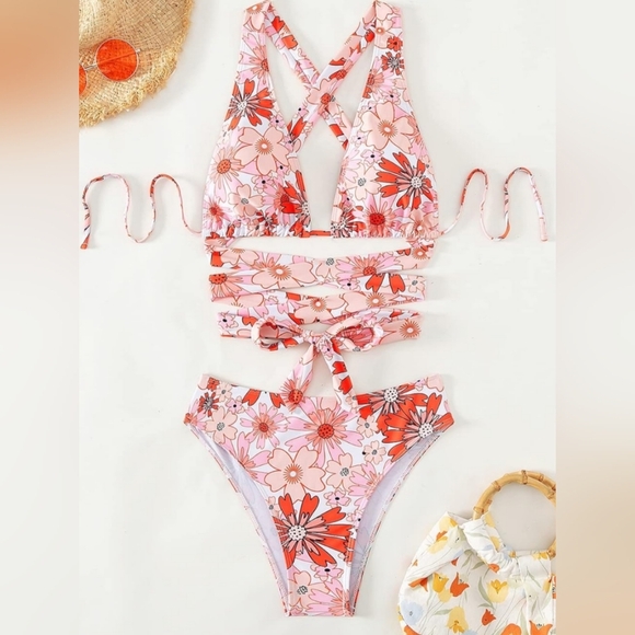 NEW Butterly Barbiecore Pink Floral Wrap Bikini Summer Swimsuit-(#1,457) - Picture 4 of 6